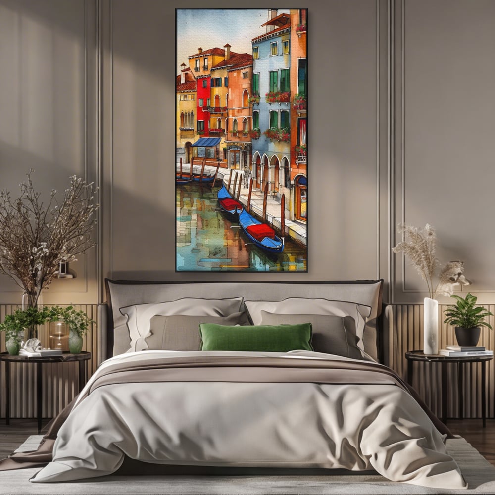 Tablou canvas cu pictura cu canal din venetia si gondole, in rama de aluminiu negru, pe perete intr-un dormitor